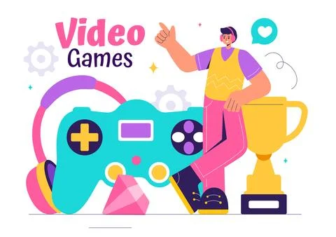 Video Games Vector Illustration with Programmers Playing Gamepad Controller.. Stock-Illustration