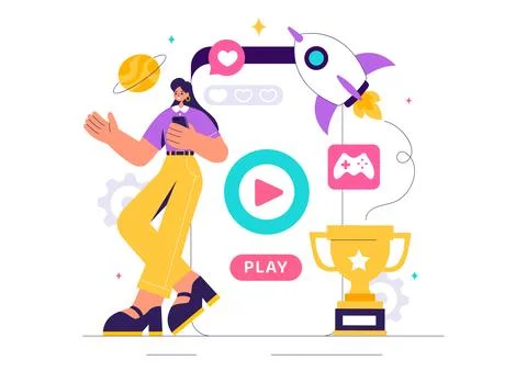 Video Games Vector Illustration with Programmers Playing Gamepad Controller.. Stock Illustration