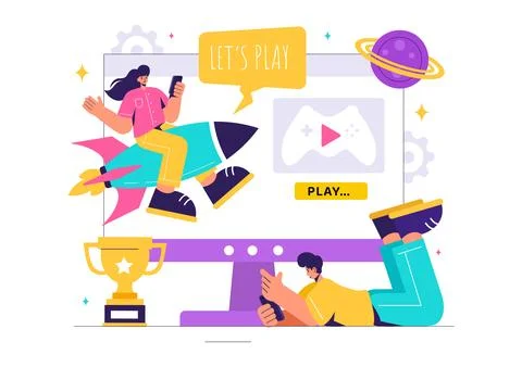 Video Games Vector Illustration with Programmers Playing Gamepad Controller.. Stock-Illustration