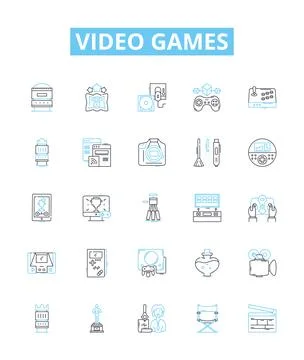 Video games vector line icons set. Gaming, consoles, Xbox, PlayStation, Nintendo Stock Illustration