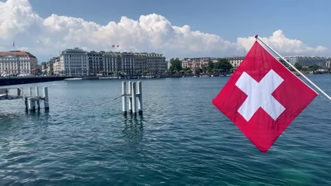 Video of the Geneva Lake with a flag on the side Stock Footage 246148355