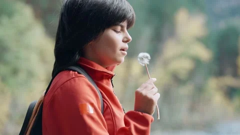 Video of girl blowing a dandelion while making a wish in the mountain Stock Footage 236371201