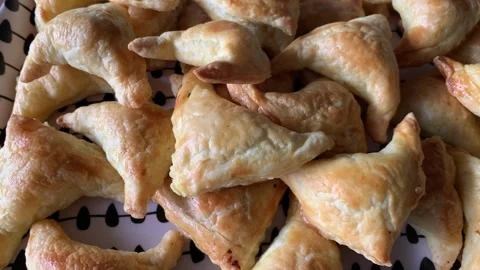 Video of group of small pies - snacks. Concept of food at events. Stock Footage 255627835