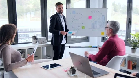 Video of handsome businessman explaining a project with whiteboard to his col 스톡 동영상 152534514