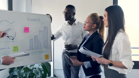 Video of handsome businessman explaining the project to his colleagues on cowork Stock Footage 154556518