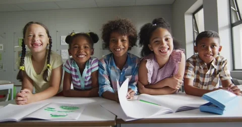 Video of happy diverse pupils learning together in classroom Stock Footage 336896660