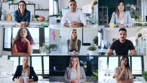 Video of headshot screen application view of diverse employees doing a video  Stock Footage 157384566