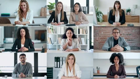 Video of headshot screen application view of diverse employees doing a video cal Stock Footage 272592940