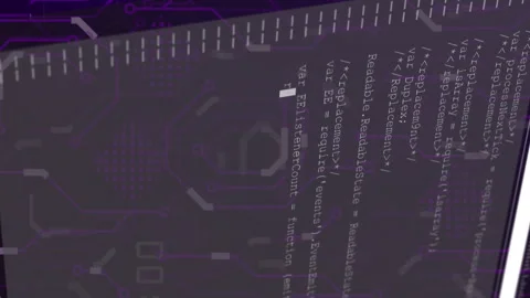 Video highlights coding process with neon circuit backdrop. Stock Footage 314612272