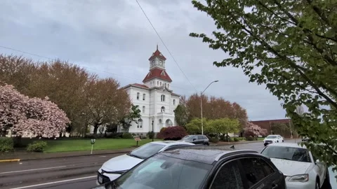 Video of a historic clock tower surrounded by spring trees, green lawns Stock Footage 340361180