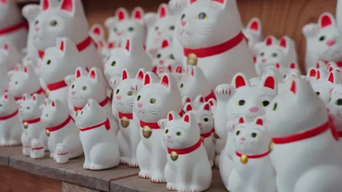Video of hundreds of iconic and cute Maneki Neko lucky cat statues at Gotokuji Stock Footage 342282885