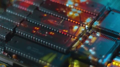 The video image moves on a microchips in a circuit board, that processes video Stock Footage 313179642