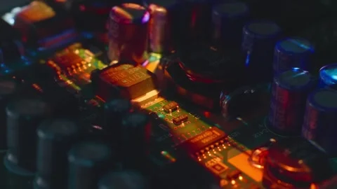 The video image is projected on printed circuit board with electronic component Stock Footage 313156864