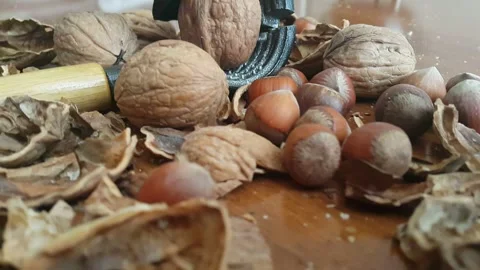 Video image of Walnut and hazelnut cracker on wooden table Stock Footage 171971536