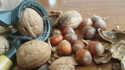 Video image of Walnut and hazelnut cracker on wooden table Stock Footage 171971866