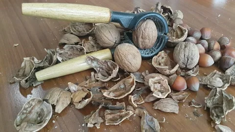 Video image of Walnut and hazelnut cracker on wooden table Stock Footage 171972043