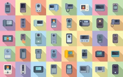 Video intercom icons set flat vector. Door phone Stock Illustration