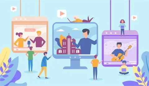 Video in internet online vector illustration of people using laptop and tablet Stock Illustration