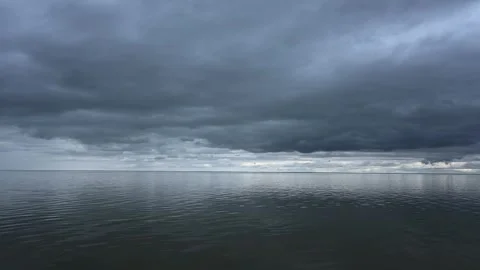 Video of a large lake with stormy clouds and occasional seagulls flying above a Stock Footage 335550004