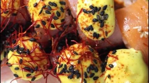 Video of a large set of sushi with red fish and smoked salmon and shrimp. Food Stock Footage 292761342