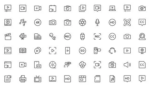 Video line icon set. Containing camera, play, pause, media, online video, l.. Stock Illustration