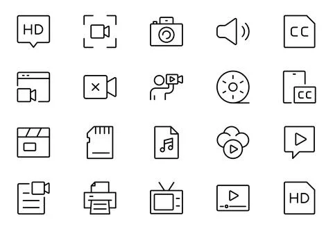 Video line icon set. Containing camera, play, pause, media, online video, l.. Stock Illustration