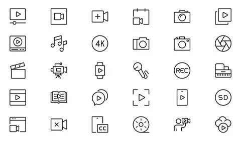 Video line icon set. Containing camera, play, pause, media, online video, l.. Stock Illustration