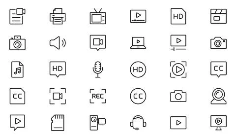 Video line icon set. Containing camera, play, pause, media, online video, l.. Stock Illustration