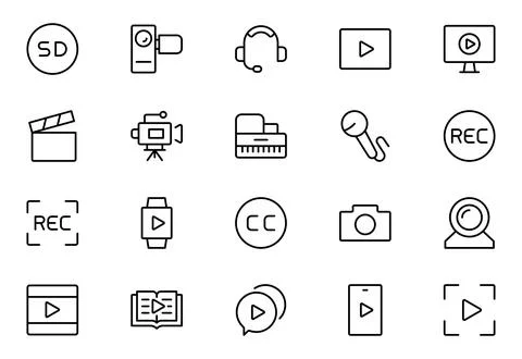 Video line icon set. Containing camera, play, pause, media, online video, l.. Stock Illustration