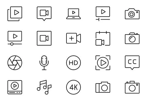 Video line icon set. Containing camera, play, pause, media, online video, l.. Stock Illustration