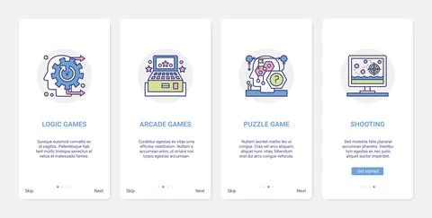 Video logic puzzle games, arcade shooting UI, UX onboarding mobile app page Stockillustratie