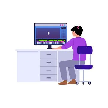 Video maker or editor at work in front of computer, vector illustration isolated Stock Illustration