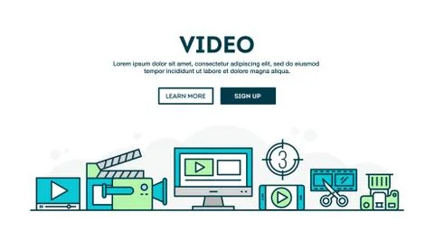 Video making, colorful concept header, flat design thin line style Stock Illustration