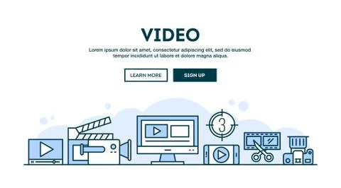 Video making, concept header, flat design thin line style Stock Illustration