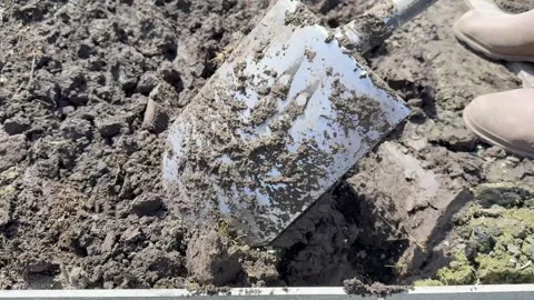 Video of a man in rubber boots digging soil in a garden bed with a shovel Stock Footage 308294235