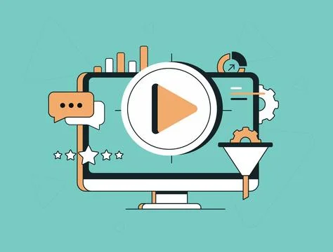 Video marketing analytics on computer screen with play button, growth chart and Stock Illustration