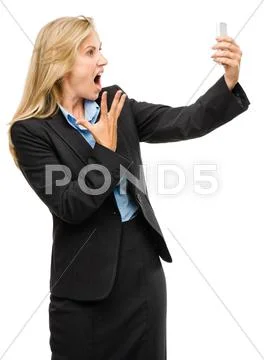 Video messaging mobile phone woman unhappy mature isolated on white Stock Photos