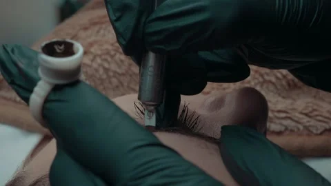 Video of microblading work. Permanent makeup on the eyebrow. Stock Footage 223159878