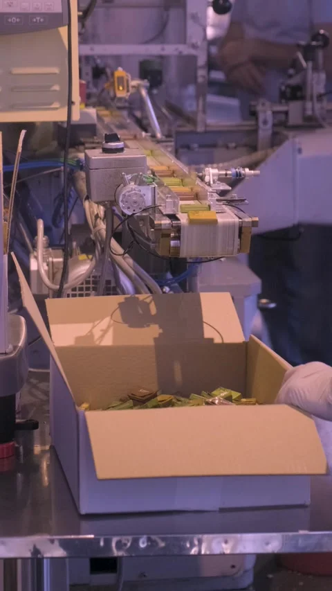 Video of Mini Chocolate Bars on Conveyor Belt Falling into Cardboard Box 動画素材 248602381