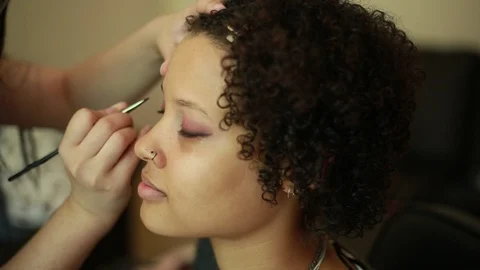 Video of a model having makeup applied by a makeup artist before a photoshoot. Stock-Footage 89904085