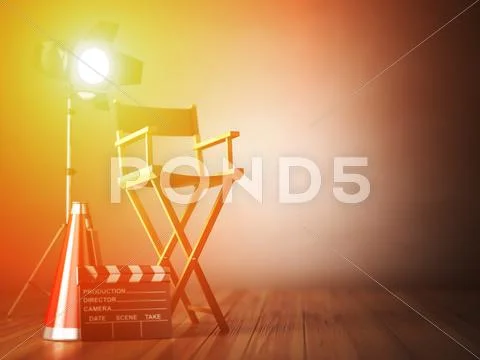 Video, movie, cinema concept. Clapperboard and director chair. Film industry Stock Illustration