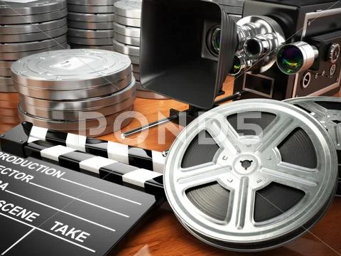 Video, movie, cinema vintage concept. Retro camera, reels and clapperboard. Stock Illustration