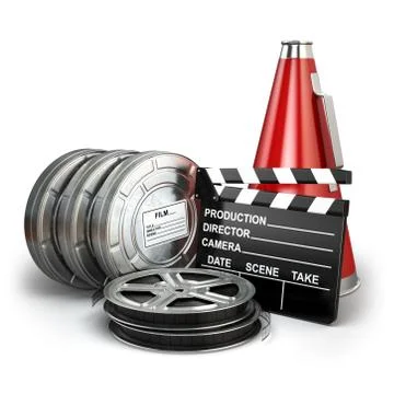 Video, movie, cinema vintage production concept. Reels, clapperboard and mega Stock Illustration
