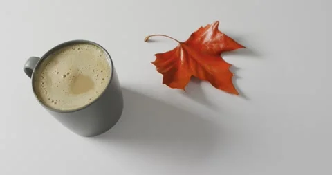Video of mug with coffee and fall leaf on white background Stock Footage 337699581