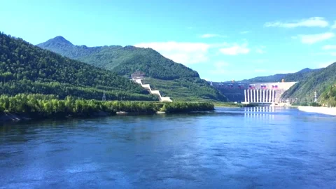 Video with nature, mountain river, and mountains, sky, and forest, leaves and Stock Footage 142218412