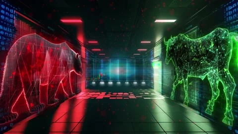 The video opens with a red and green figure of a bull and bear, symbolizing the Stock Footage 233547025