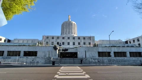 Video of the Oregon State Capitol highlighting its monumental entrance Stock Footage 335727417