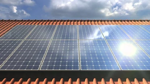 Video panning of solar panels modules on roof on a sunny day Stock Footage