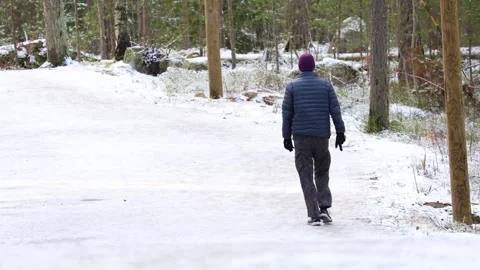 Video of a person exercising or walking along a snowy forest trail Video stock 321746161
