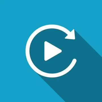 Video play button like simple replay icon isolated with long shadow. Flat design Stockillustratie